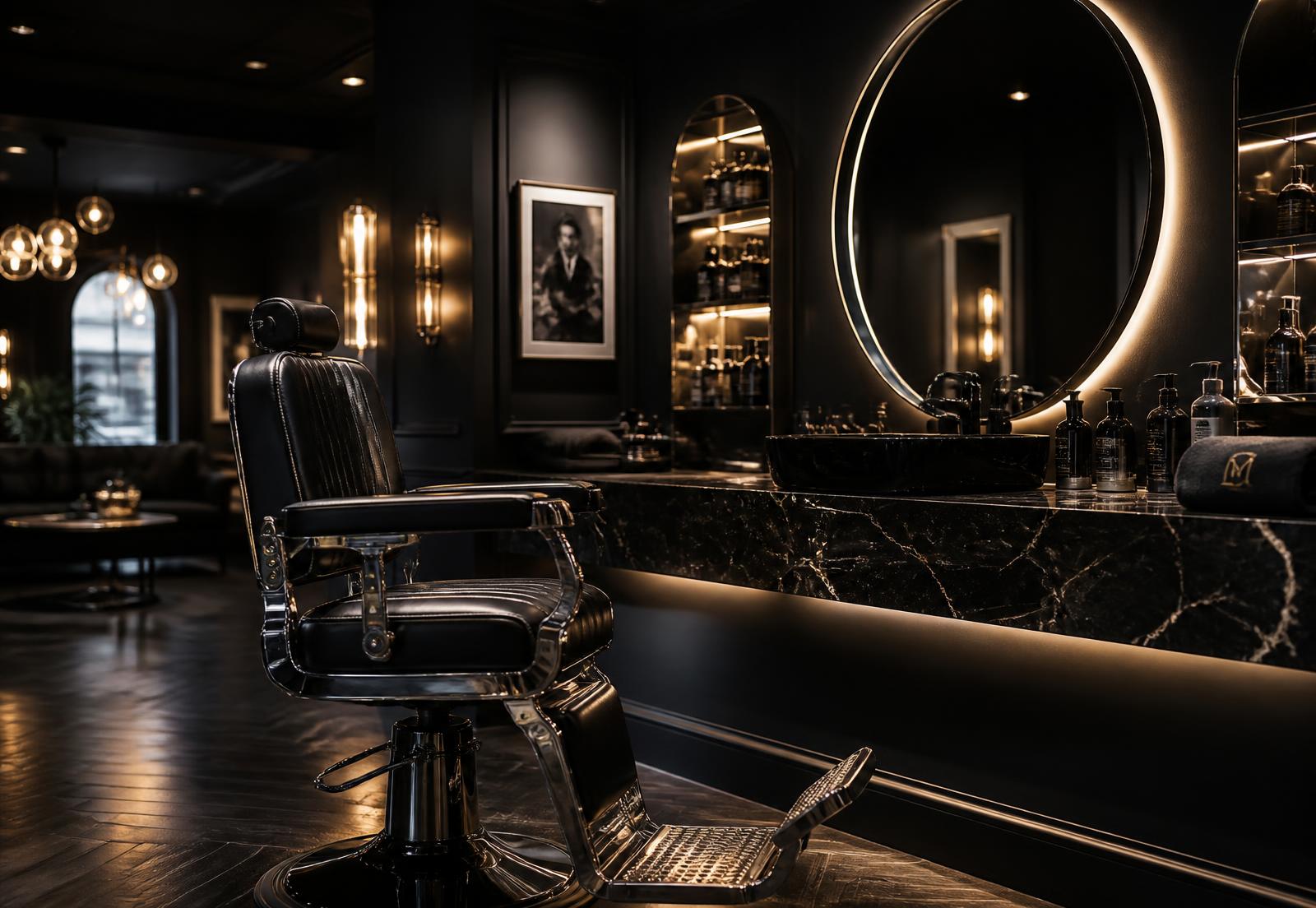 Interior of a luxury dark-toned hair salon with a chrome barber chair
