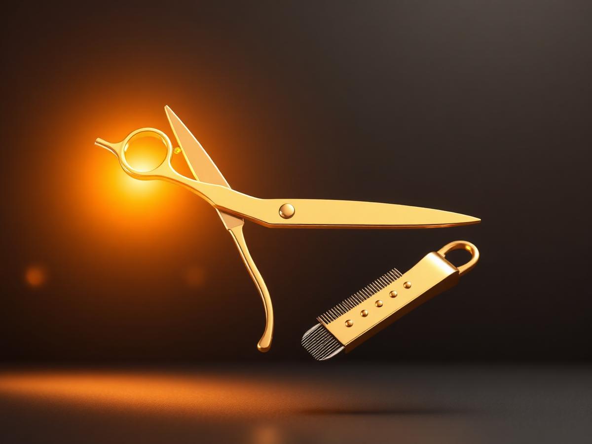 Golden barber scissors and clipper floating on a dark background